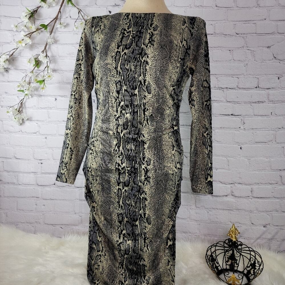 PHILOSOPHY Republic Snakeskin Print Bodycon Dress Ruched Side Back Night Out - Picture 3 of 16
